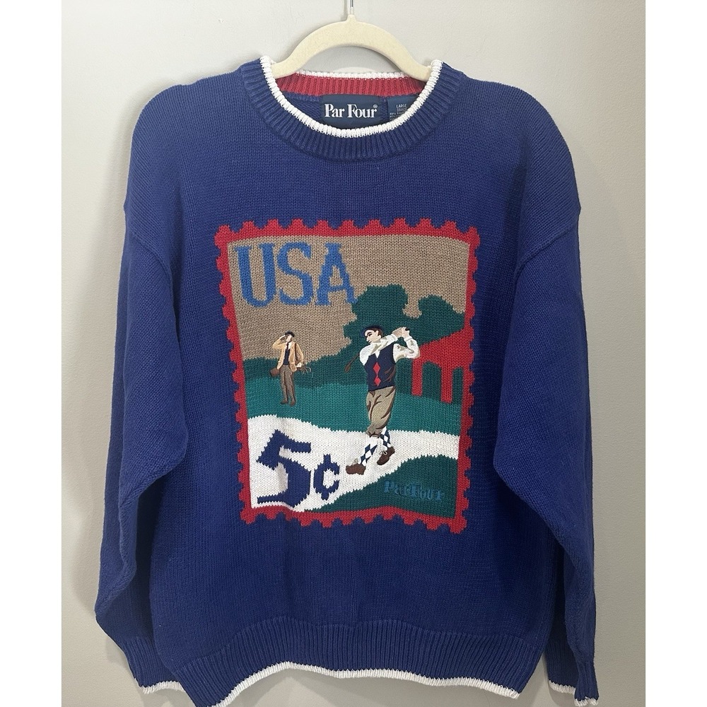 Vtg Par Four 90s Golf USA Postage  Stamp  Knit Sweater Large Blue Heavy Pullover
